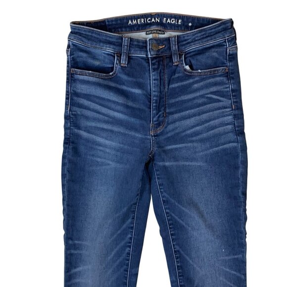 American Eagle Dark Wash Jegging 6 X-Long Next Level Stretch Raw Hem Distressed - Picture 2 of 6